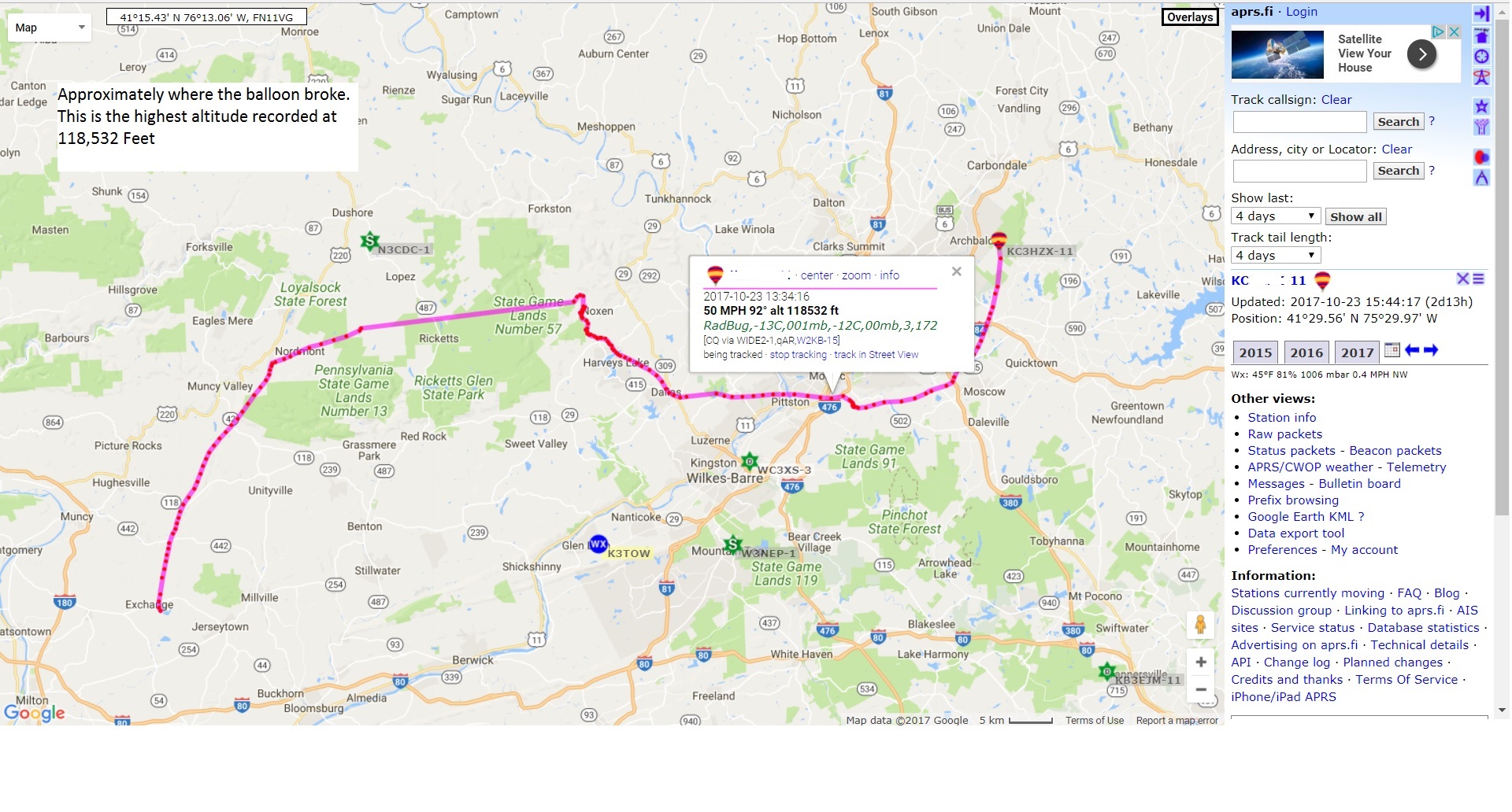 APRS Map Approximate Location Ofthe Balloon Pop